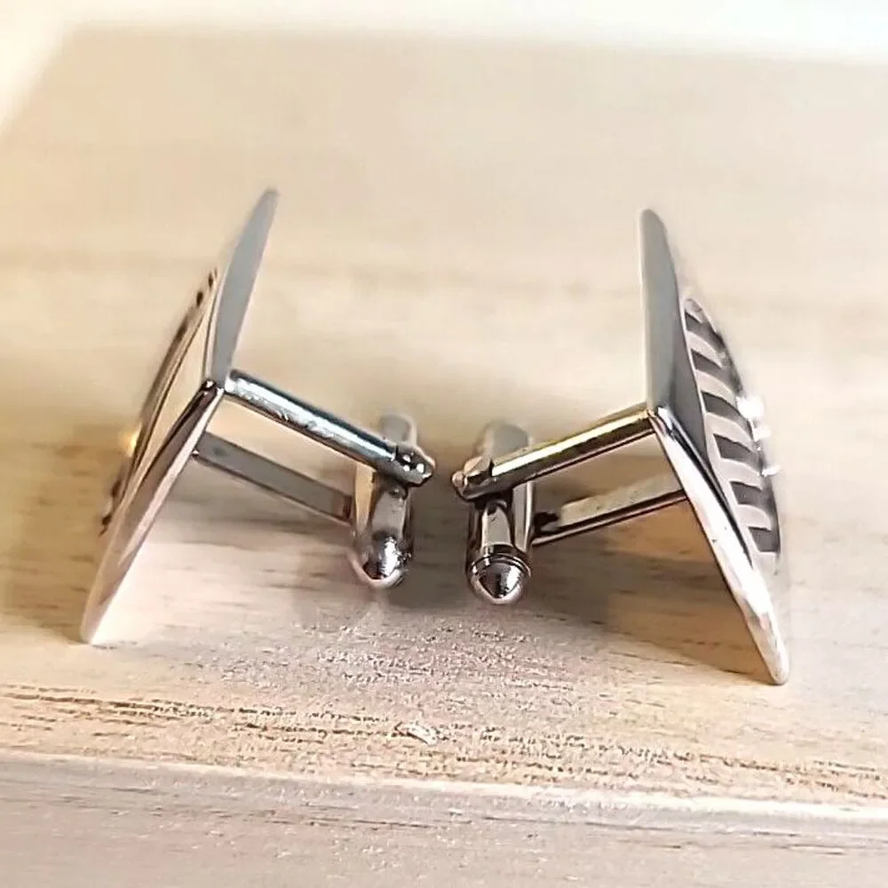 Vintage 70s Swank Cufflinks Silver Square with Silver and Black Circle